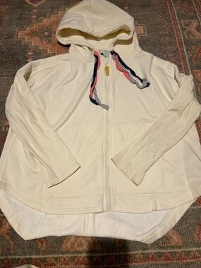 Anthropologie Cream Zip-Front Hoodie with Navy and Pink Drawstrings